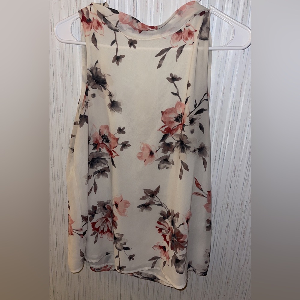 Floral Rose & Olive sleeveless blouse with tie neck